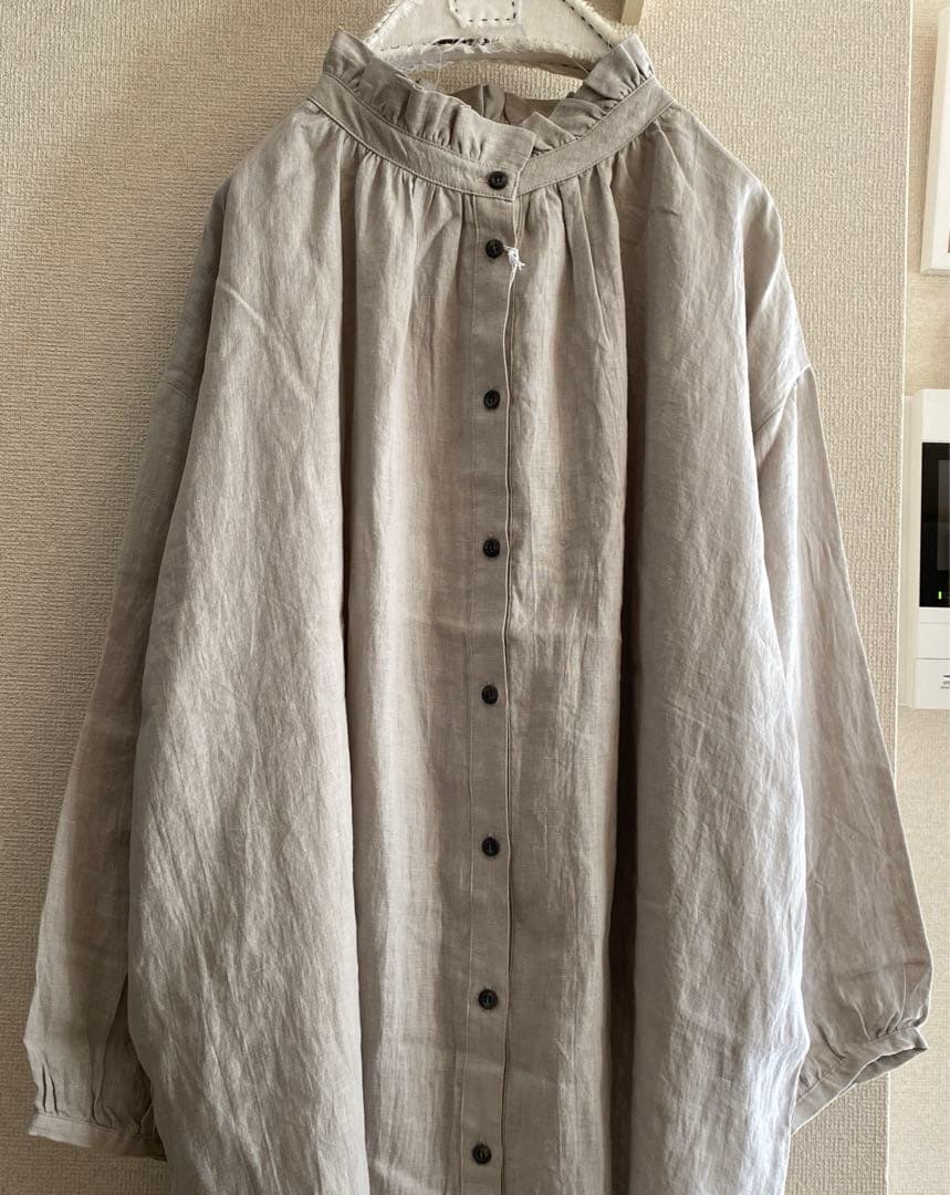 YARRAヤラリトアニアリネン襟フリル2wayワンピースライトグレー SIZE