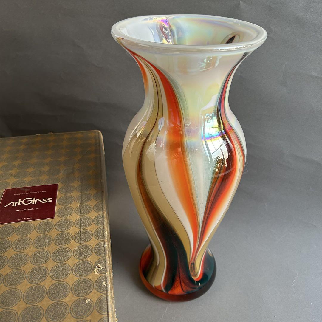 岩津アートガラス　花瓶　レトロ　マーブル　IWATSU GLASS ヴィンテージ