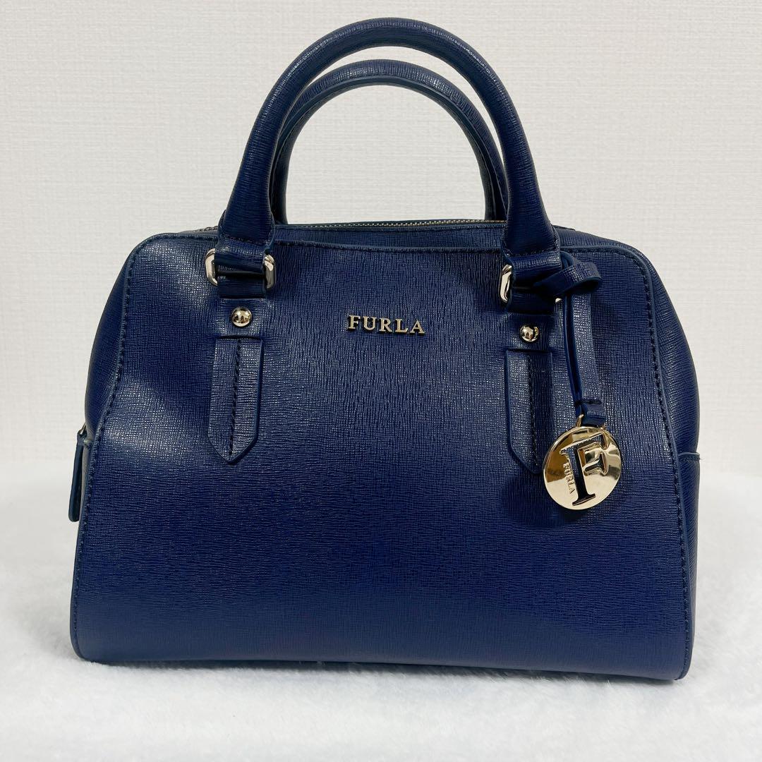 最高 FURLA レザー ハンドバッグ ネイビー 2wayショルダーバック バッグ
