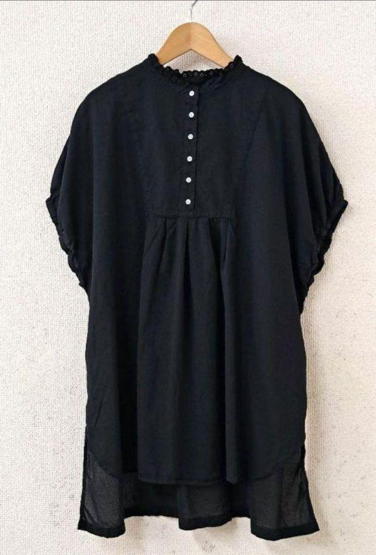 再入荷◆SUN VALLEY◆コットンボイル襟レース切替チュニック　クロ