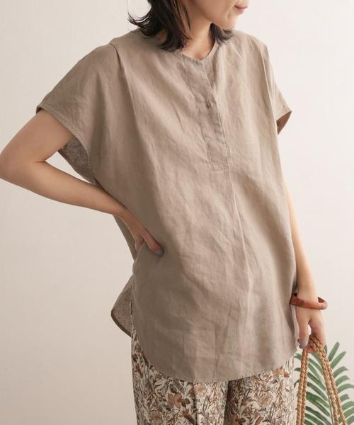 極美品✨　ベージュ❤️　麻　ドアーズ　リネンフレンチノーカラープルオーバートップス