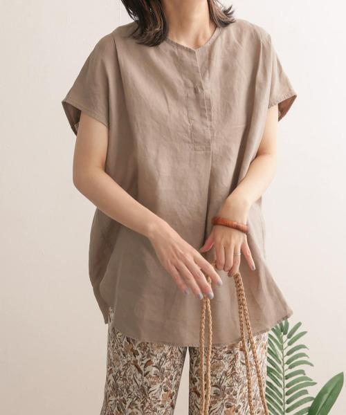 極美品✨　ベージュ❤️　麻　ドアーズ　リネンフレンチノーカラープルオーバー