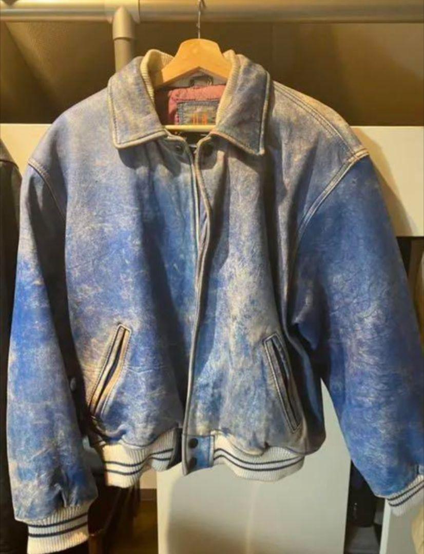 希少 Vintage Blue leather Jacket スタジャン