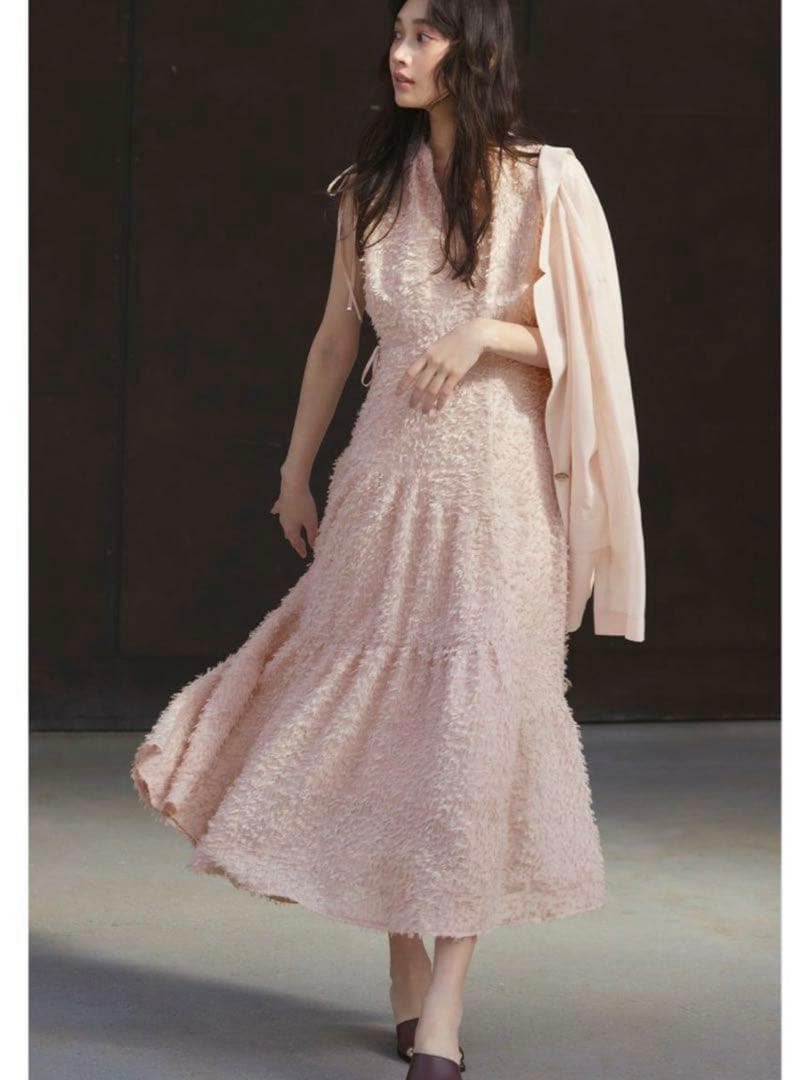 フリンジジャガードティアードワンピース　ピンク　00