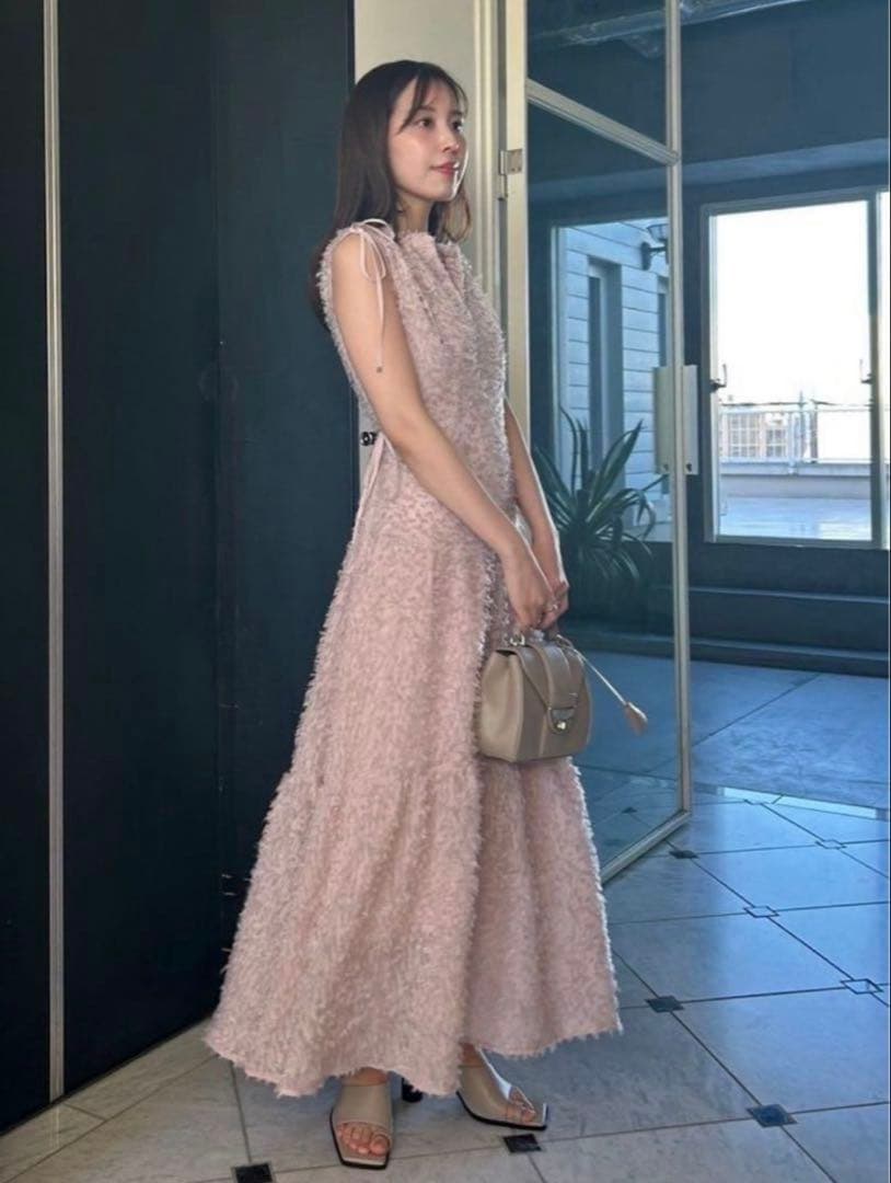 フリンジジャガードティアードワンピース　ピンク　00