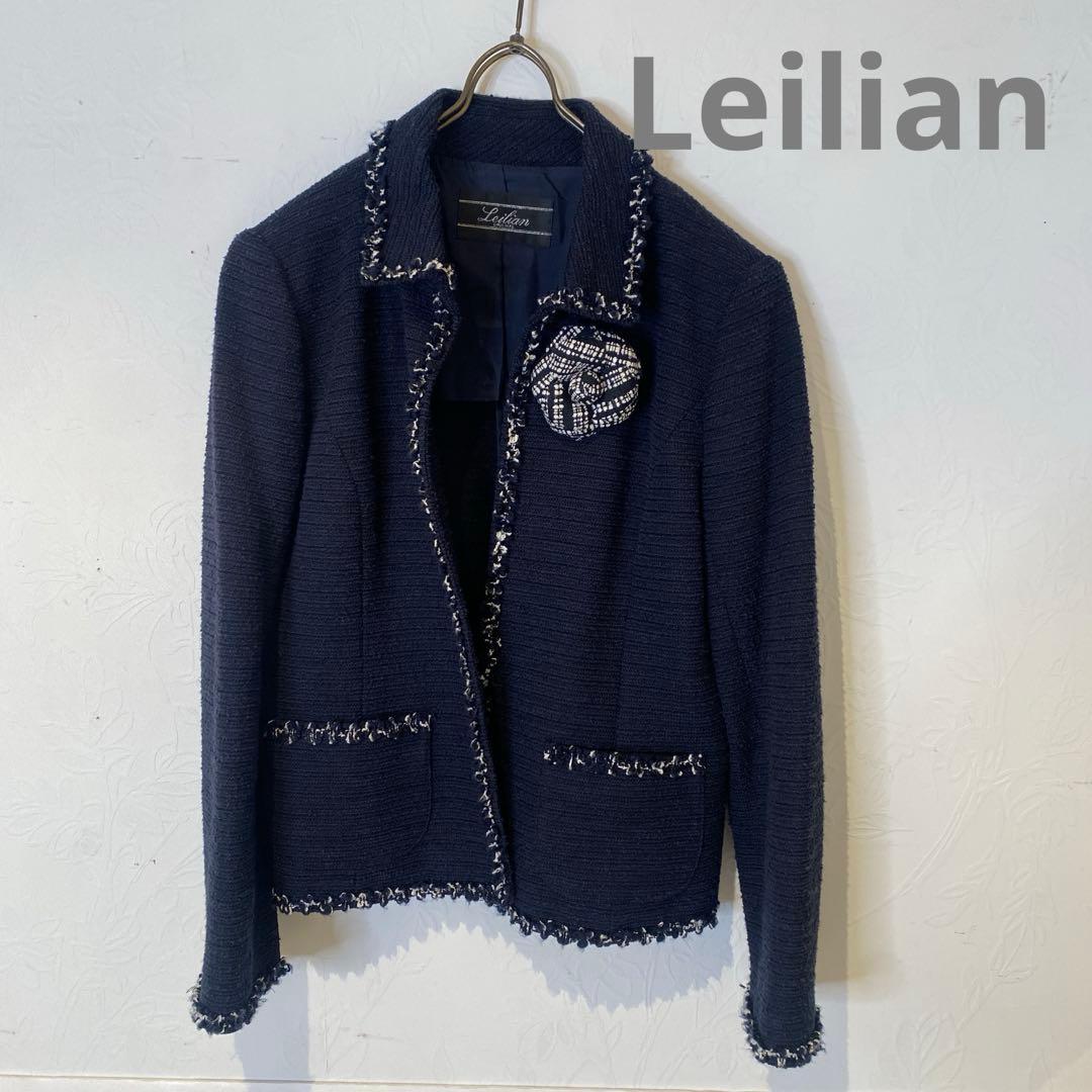 レリアン Leilian ツイードジャケット ネイビー ブローチ付きM leilian