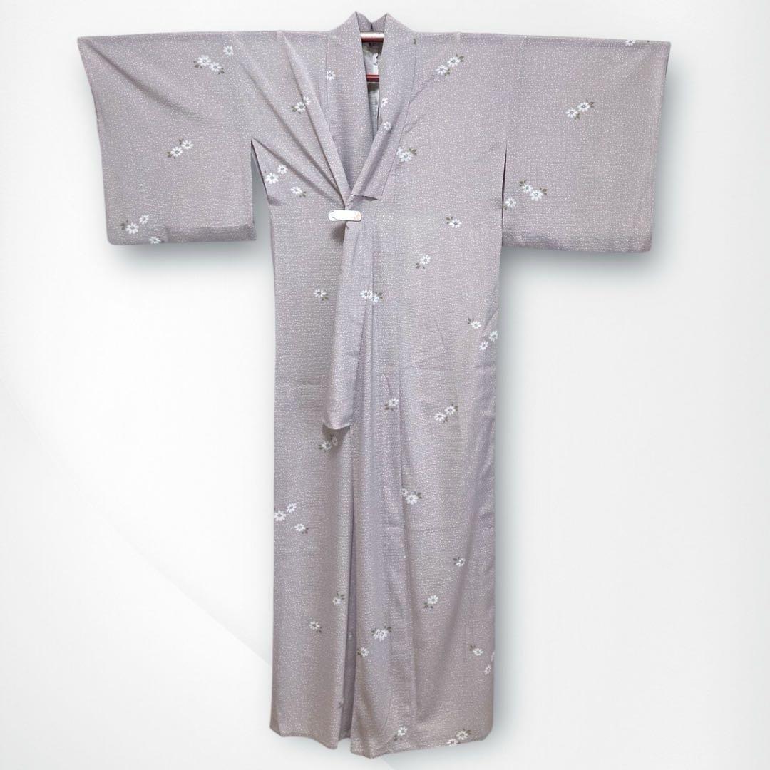 【良品✨】東レシルック　洗える着物　夏物　絽　楊柳　小紋　牡丹鼠色　花柄　B6