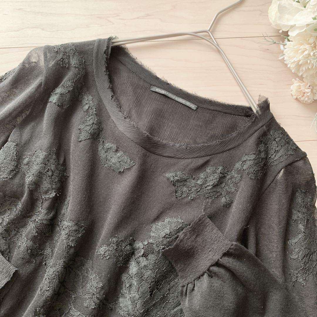 Ermanno Scervino透け感 黒の刺繍レース 軽やかコットンカットソー