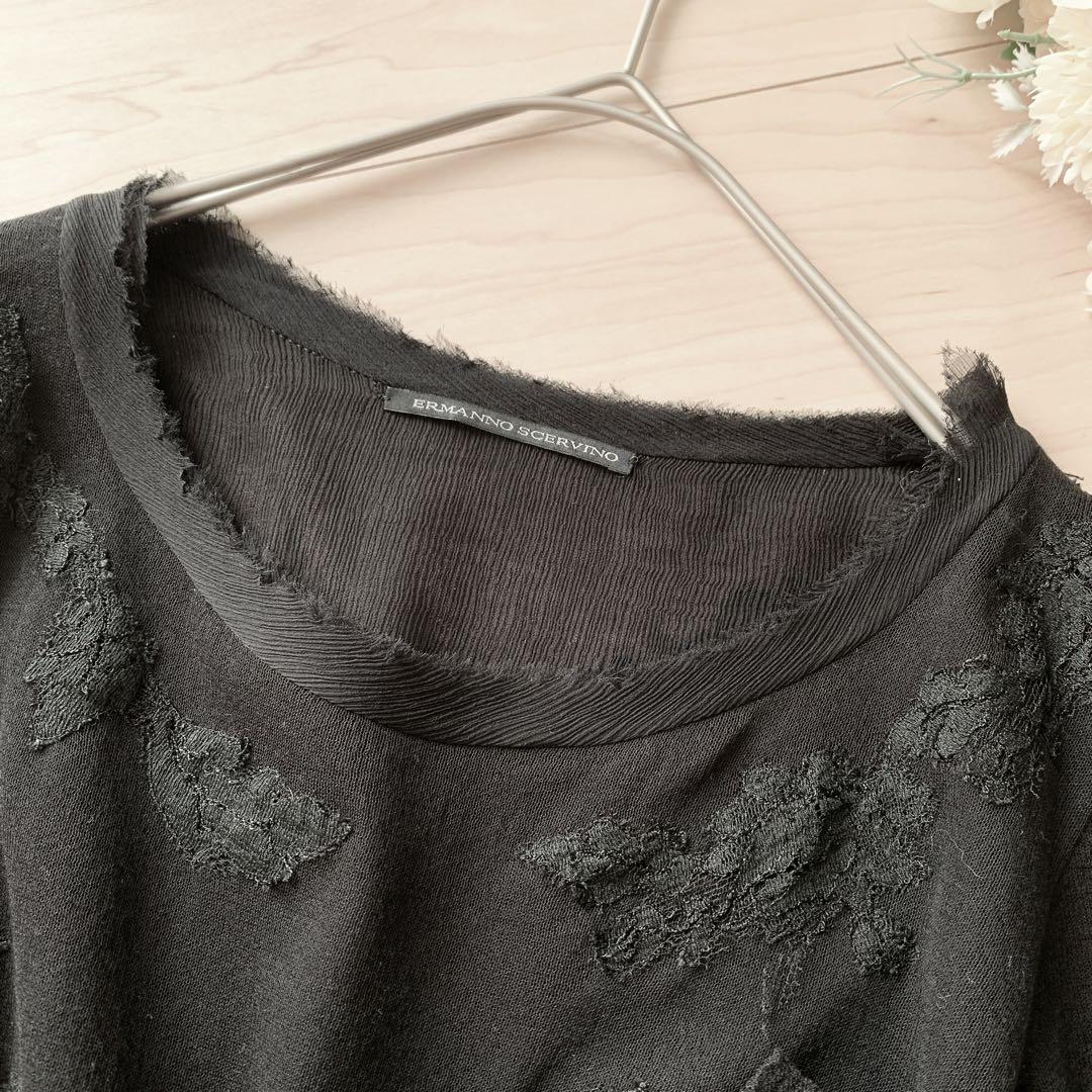 Ermanno Scervino透け感 黒の刺繍レース 軽やかコットンカットソー