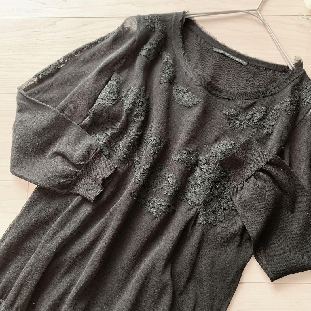 Ermanno Scervino透け感 黒の刺繍レース 軽やかコットンカットソー