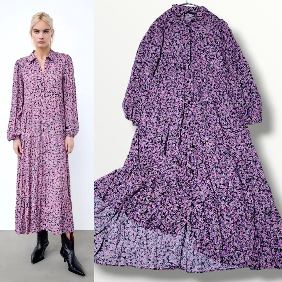 美品 ZARA ザラ ティアード ロング シャツ ワンピース 花柄 ピンクワンピース