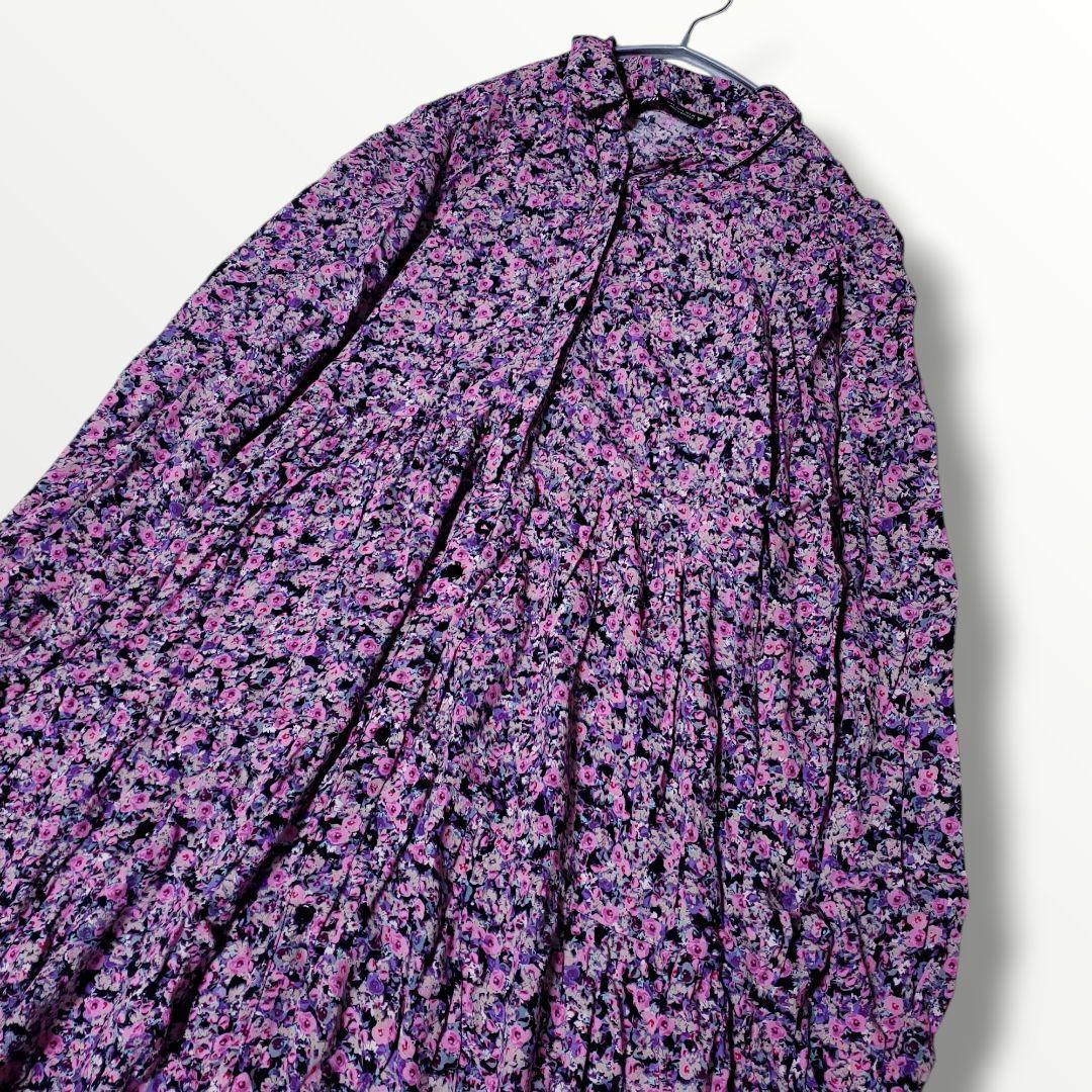 美品 ZARA ザラ ティアード ロング シャツ ワンピース 花柄 ピンク