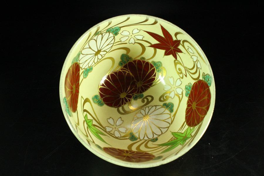 茶道具 金彩 色絵 菊紅葉流水紋 茶碗 陶楽作 美品(K-A665) 茶道具 金彩 色絵 菊紅葉流水紋 茶碗 陶楽作 美品(K-A665