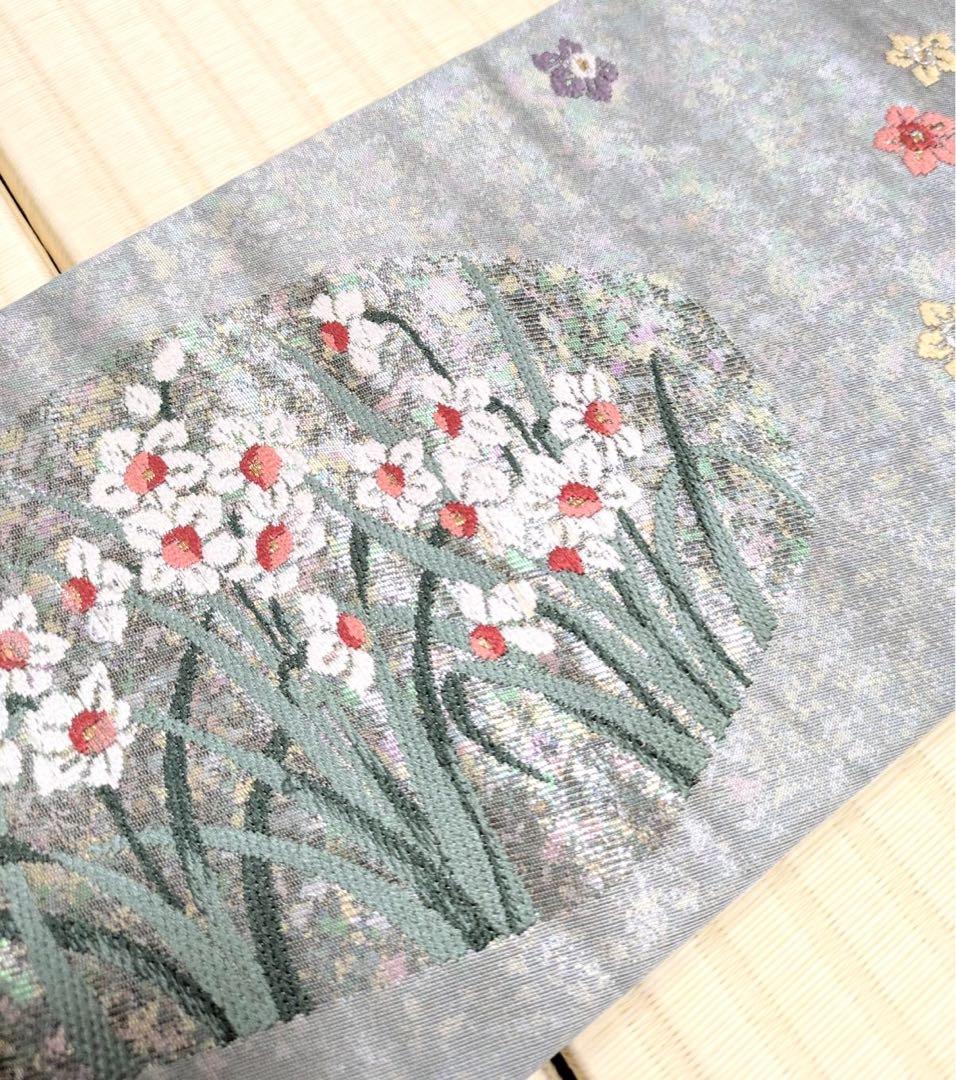 ブルーグレー系 箔暈し 花 九寸名古屋帯 - メルカリ