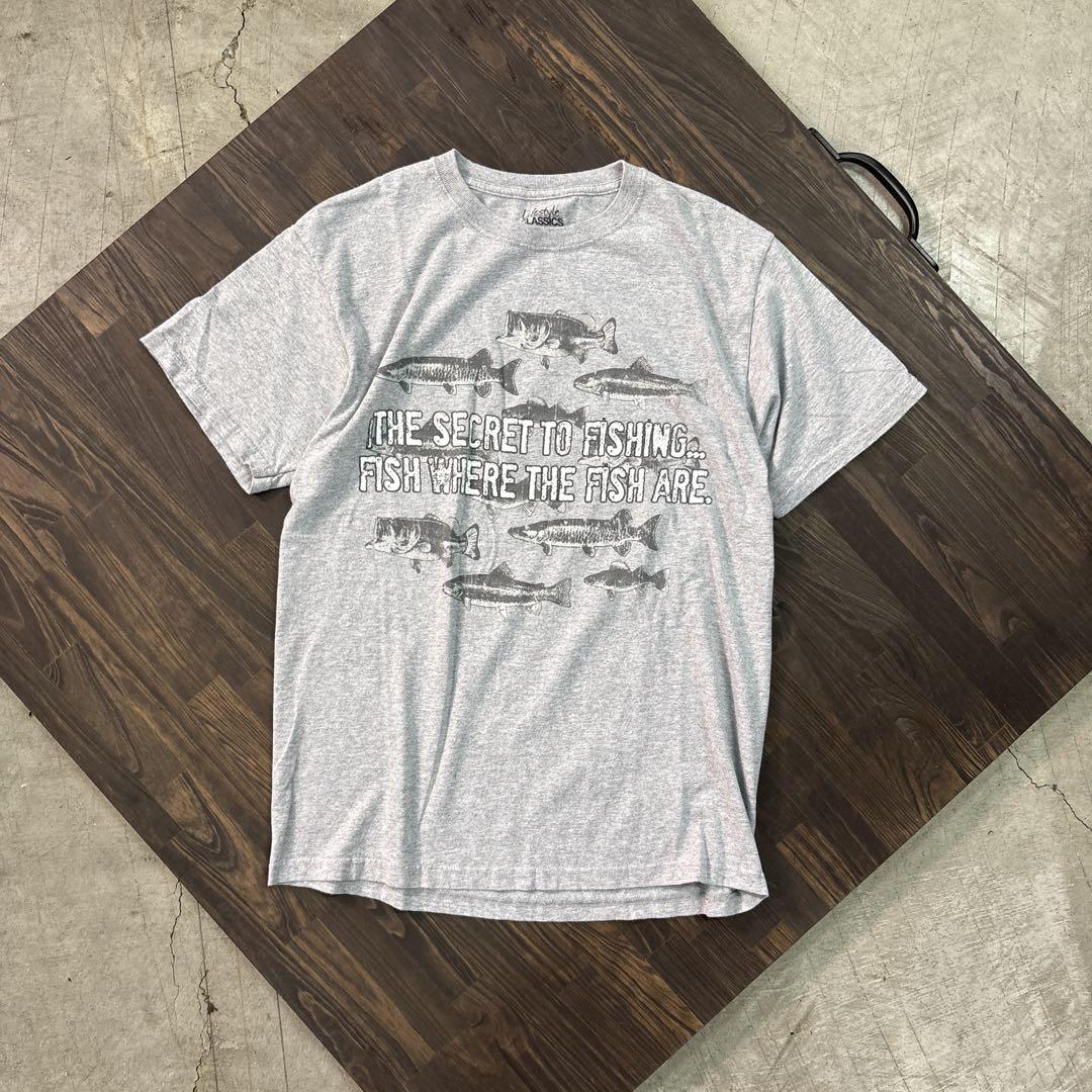 7TSM1 魚プリント 半袖Tシャツ グレー インポート 古着used
