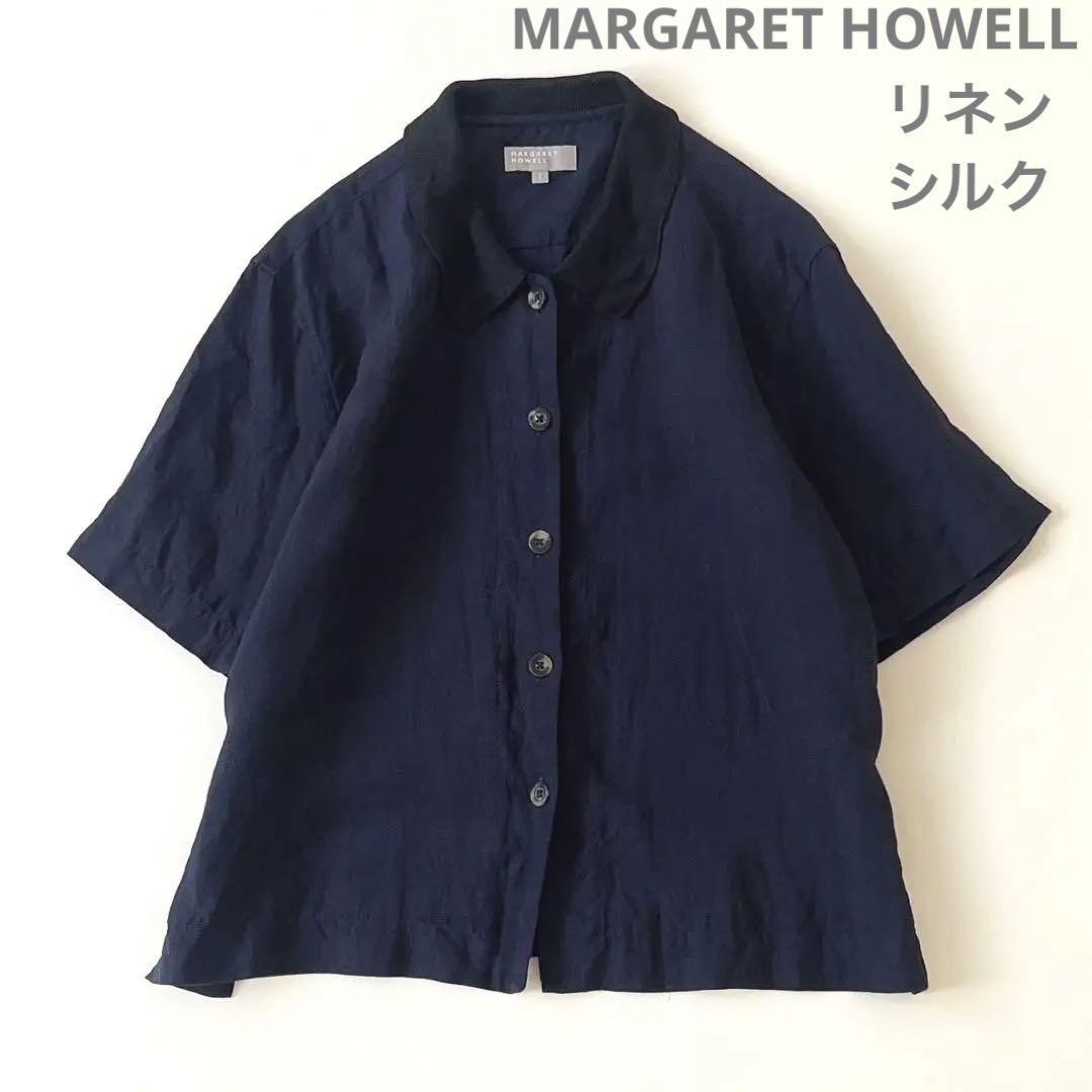 MARGARET HOWELL 麻100 シルク襟　シャツ　ブラウス ネイビー