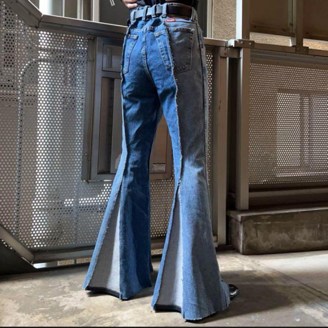 リメイクデニム　ワイドパンツ　ベルボトム　リメイク古着　再構築　フレアパンツ
