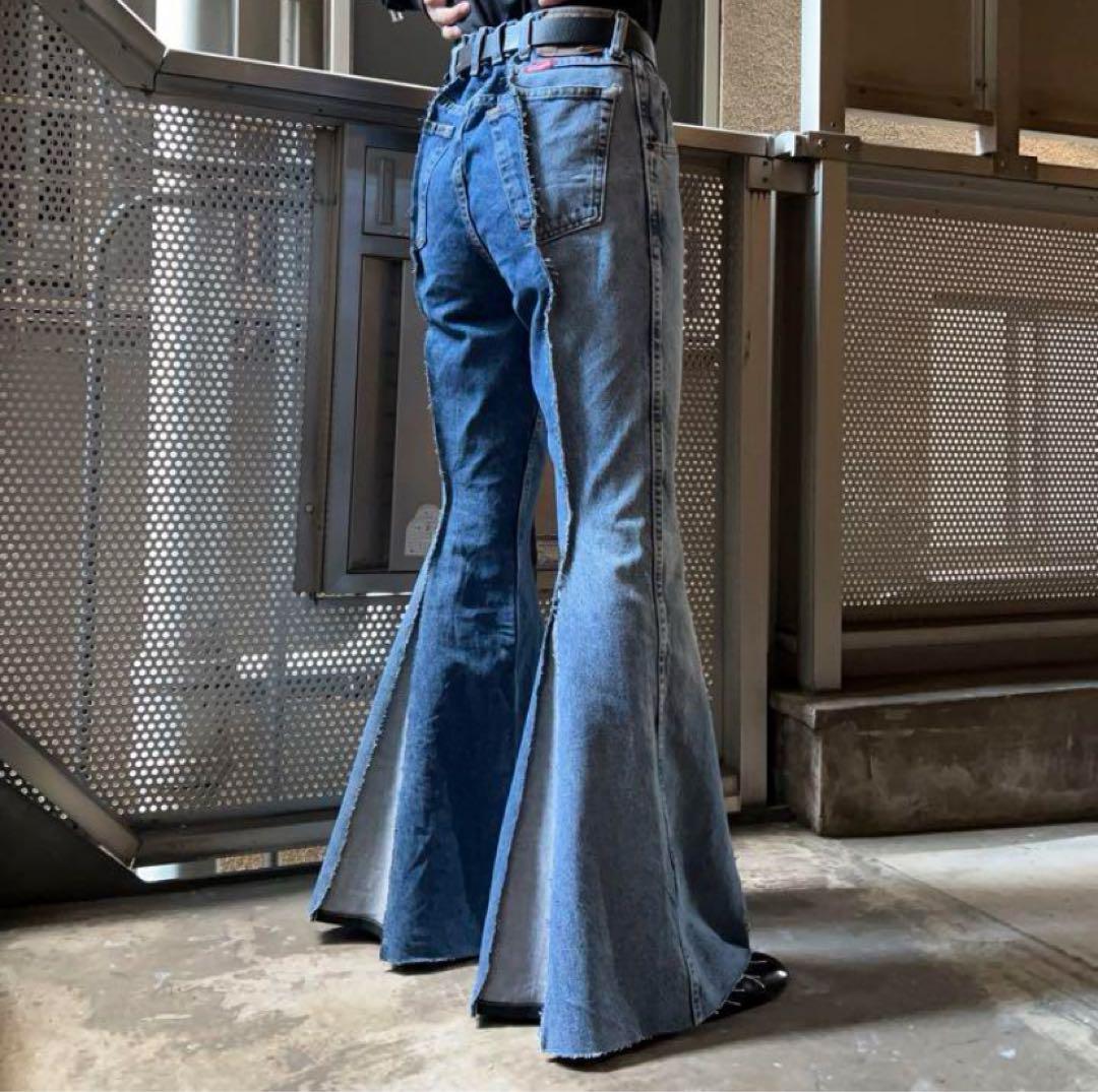 リメイクデニム　ワイドパンツ　ベルボトム　リメイク古着　再構築　フレアパンツ