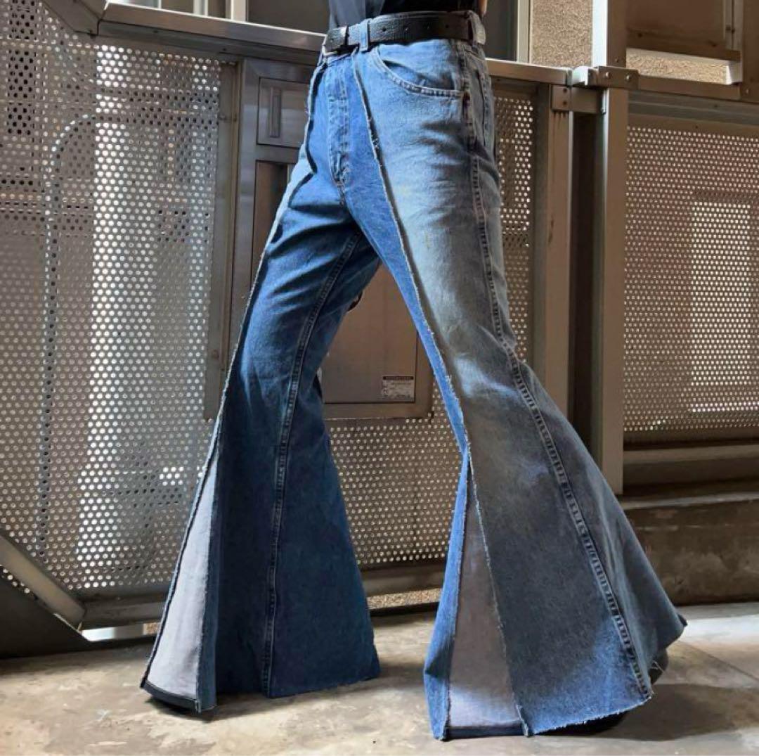 リメイクデニム　ワイドパンツ　ベルボトム　リメイク古着　再構築　フレアパンツ