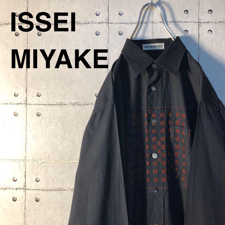 【美品】イッセイミヤケ メン フロッキープリント 英字 ドレスシャツ 黒
