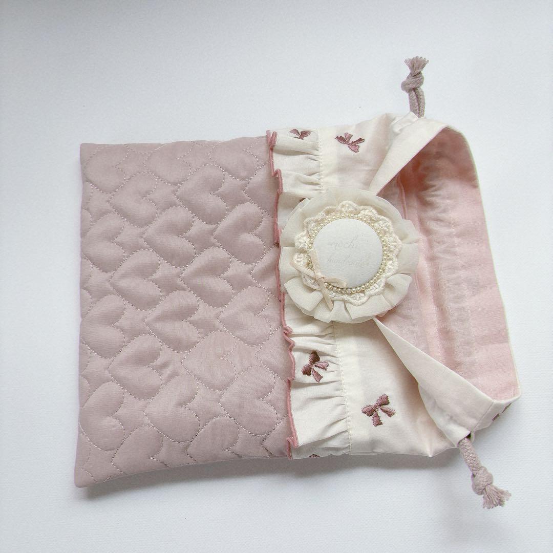りぼん刺繍 ハート キルト キルティング ヌビ 給食袋 巾着袋