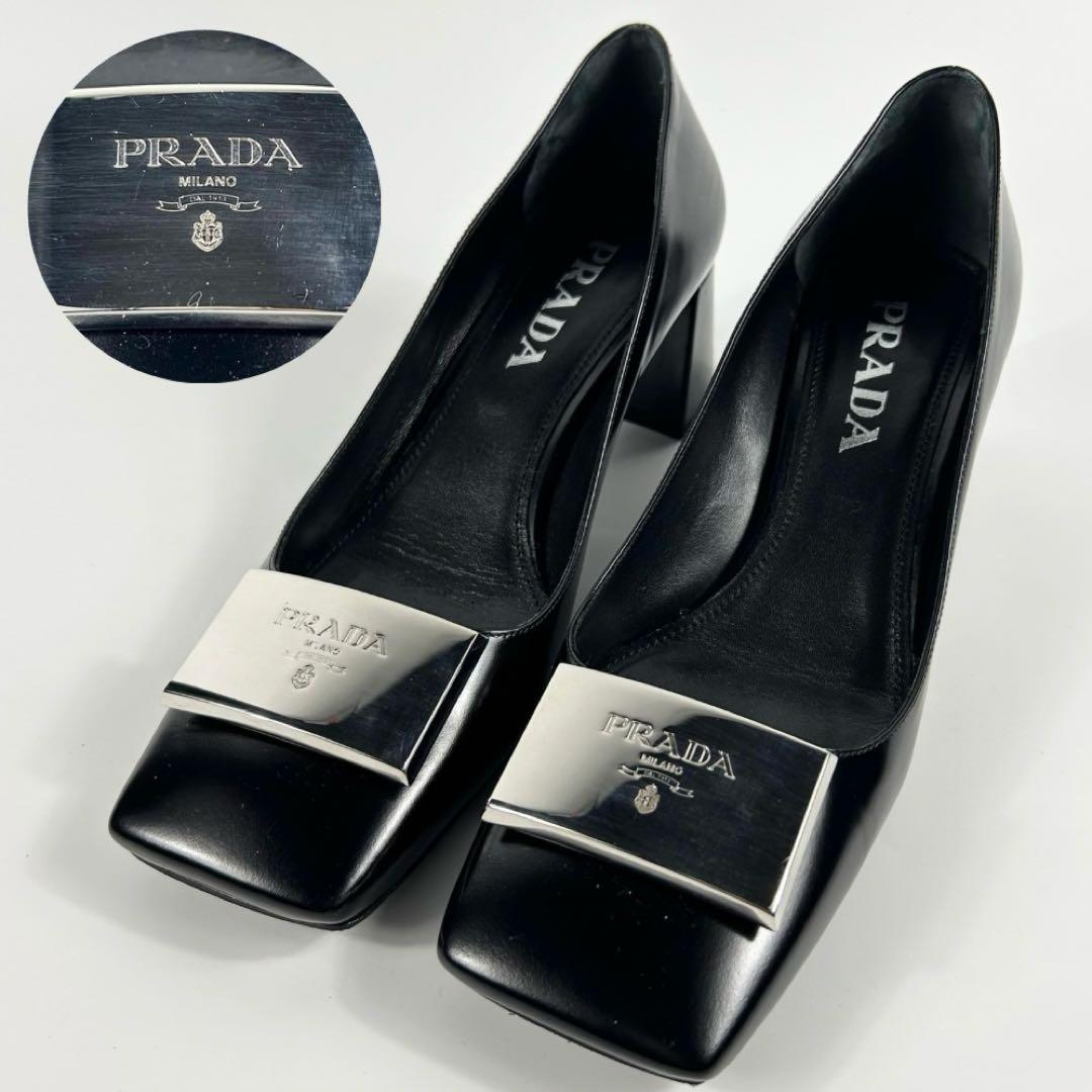 【美品】PRADA ヒール パンプス ロゴ ローファー 24.5CM パーティ