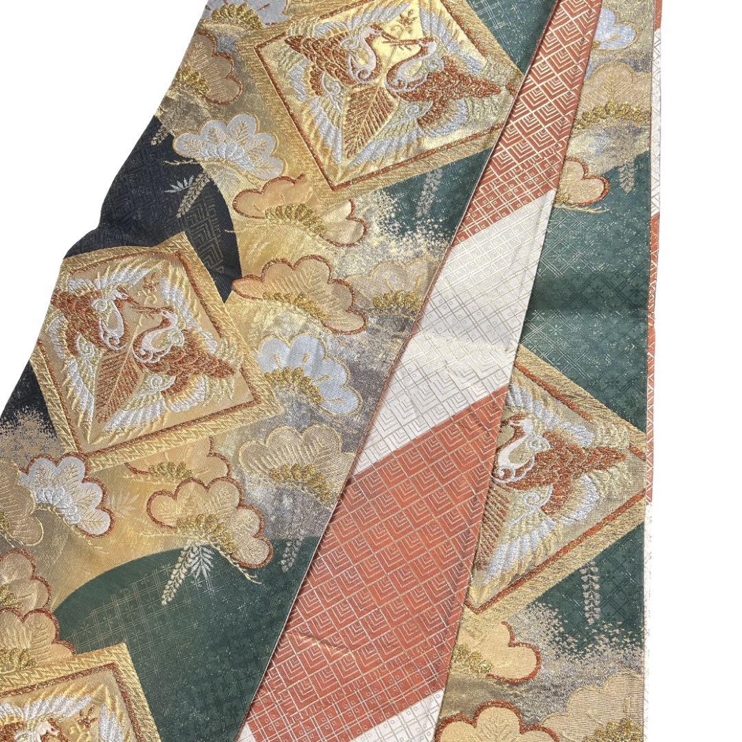 【2025年製 新品】 振袖帯 d 024a 着物 ネイビー グリーン 藤 菱 松 鶴菱 袋帯 全通 着物・浴衣