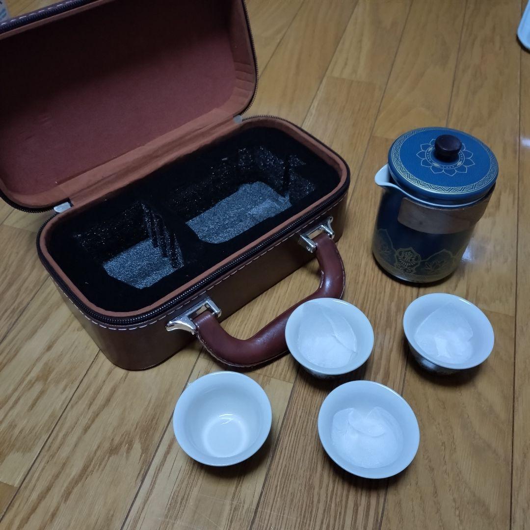 青色茶器セット（急須、茶杯4個、収納ケース）