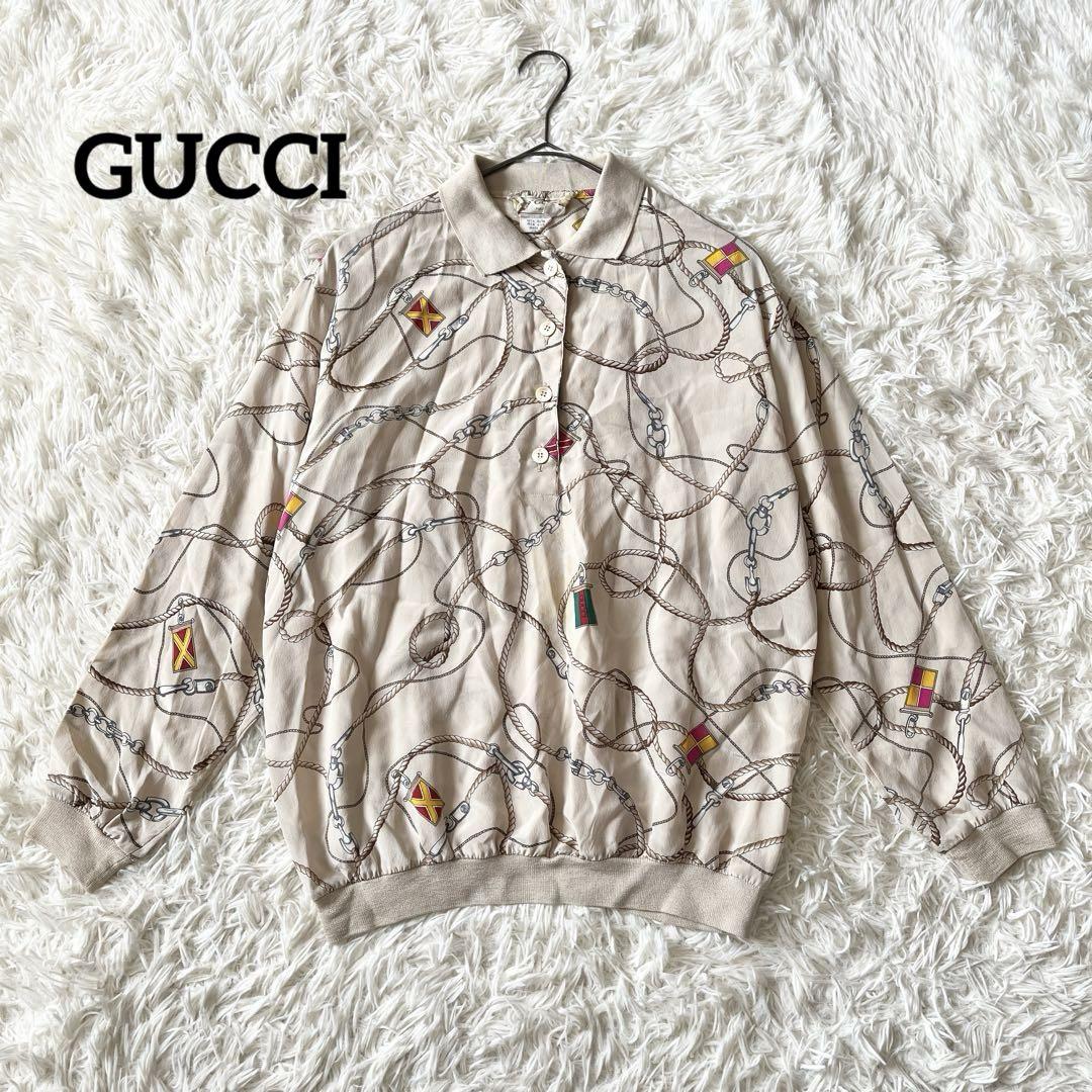 GUCCI グッチ　ヴィンテージ 長袖 ポロシャツ シルク100% イタリア製