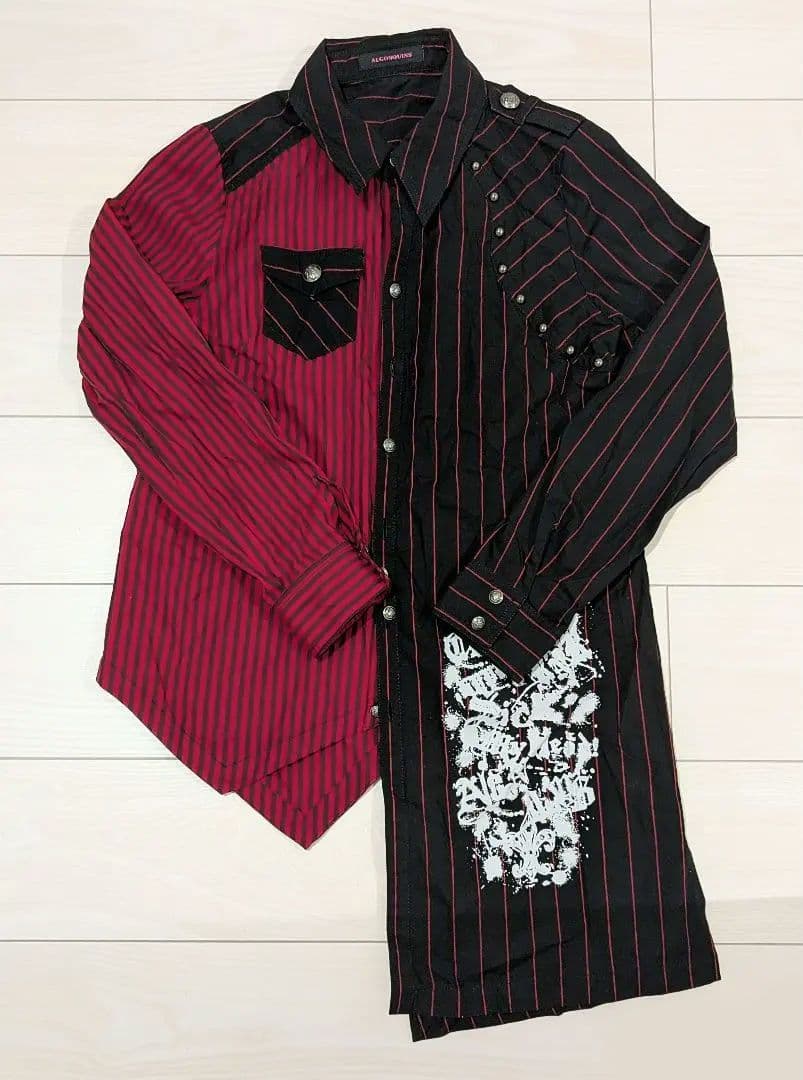 【美品】ALGONQUINS ストライプ燕尾シャツ アシンメトリー 赤黒