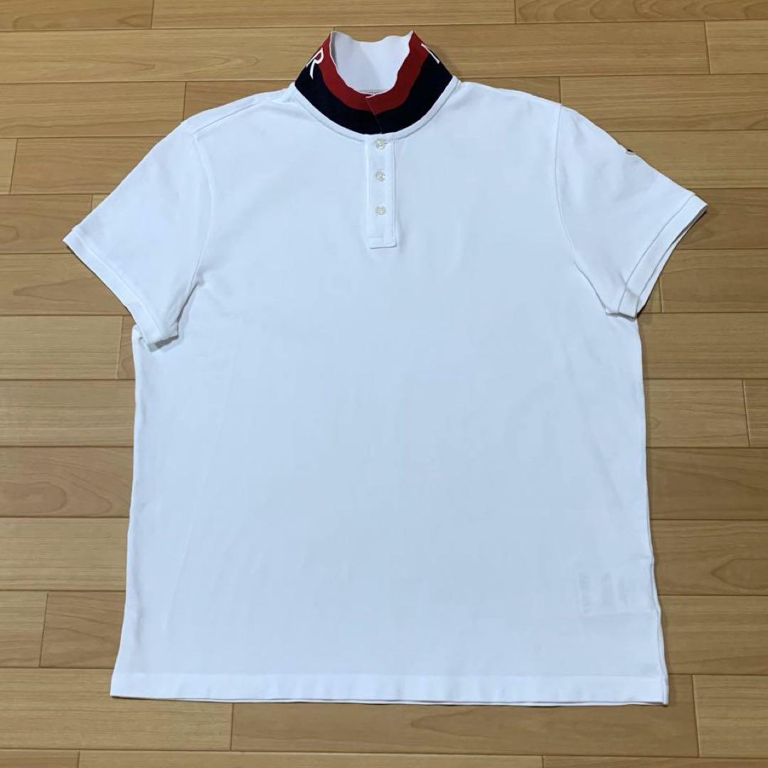 MONCLER ポロシャツ M ホワイト/ネイビー 美品］MONCLER モンクレール ホワイト 襟ロゴ ポロシャツ 4S429