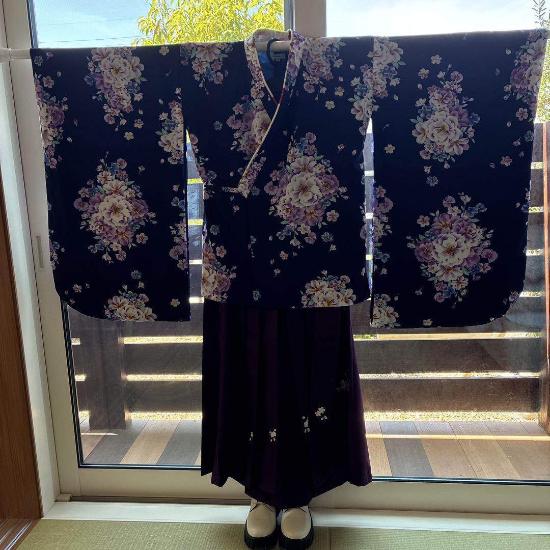 紺色花柄着物・袴セットと厚底ブーツ　150