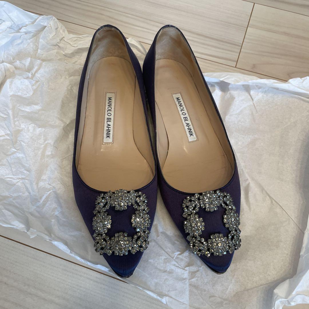 【美品】MANOLO BLAHNIK ネイビー ハンギシ フラットサイズ36