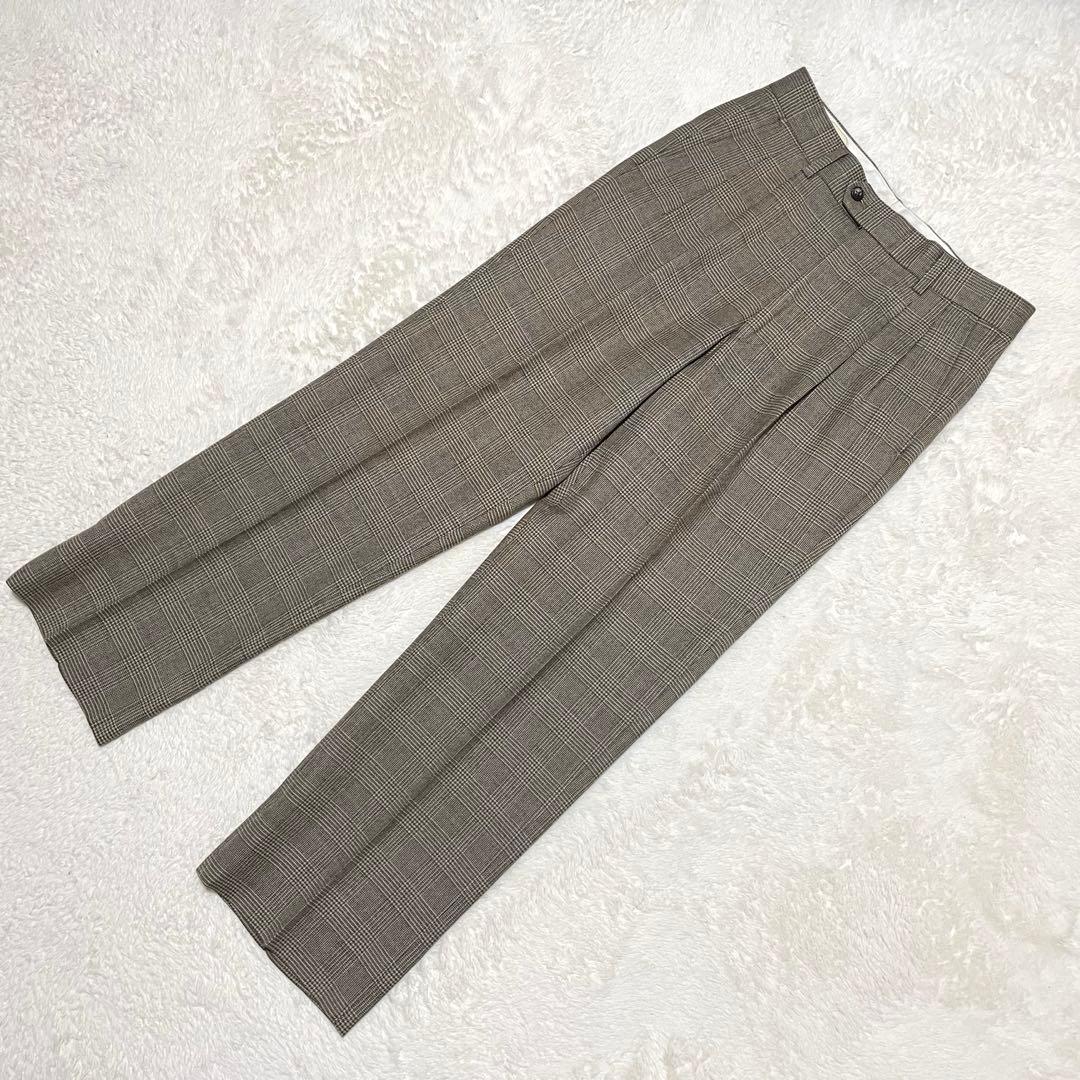 ヤマモトカンサイ【L】ブラウン ツープリーツ スラックス チェック カシミア混