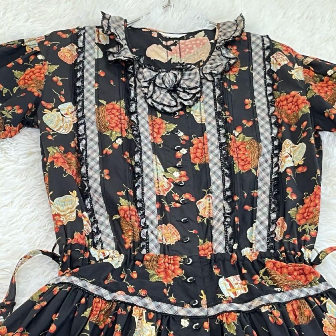 ☆美品 ピンクハウス 半袖ワンピース いちご柄 ブラック マキシ