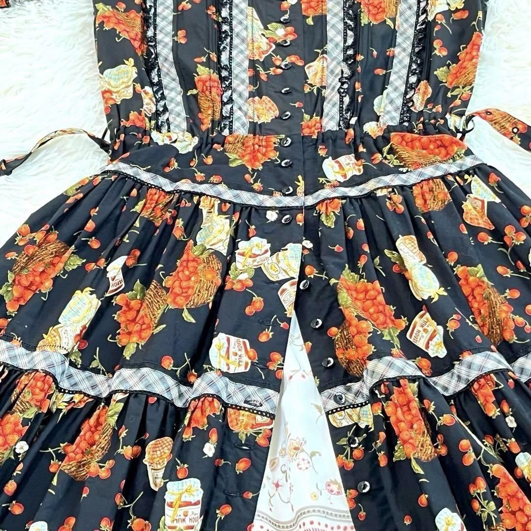 ☆美品　ピンクハウス　半袖ワンピース いちご柄　ブラック　マキシ丈
