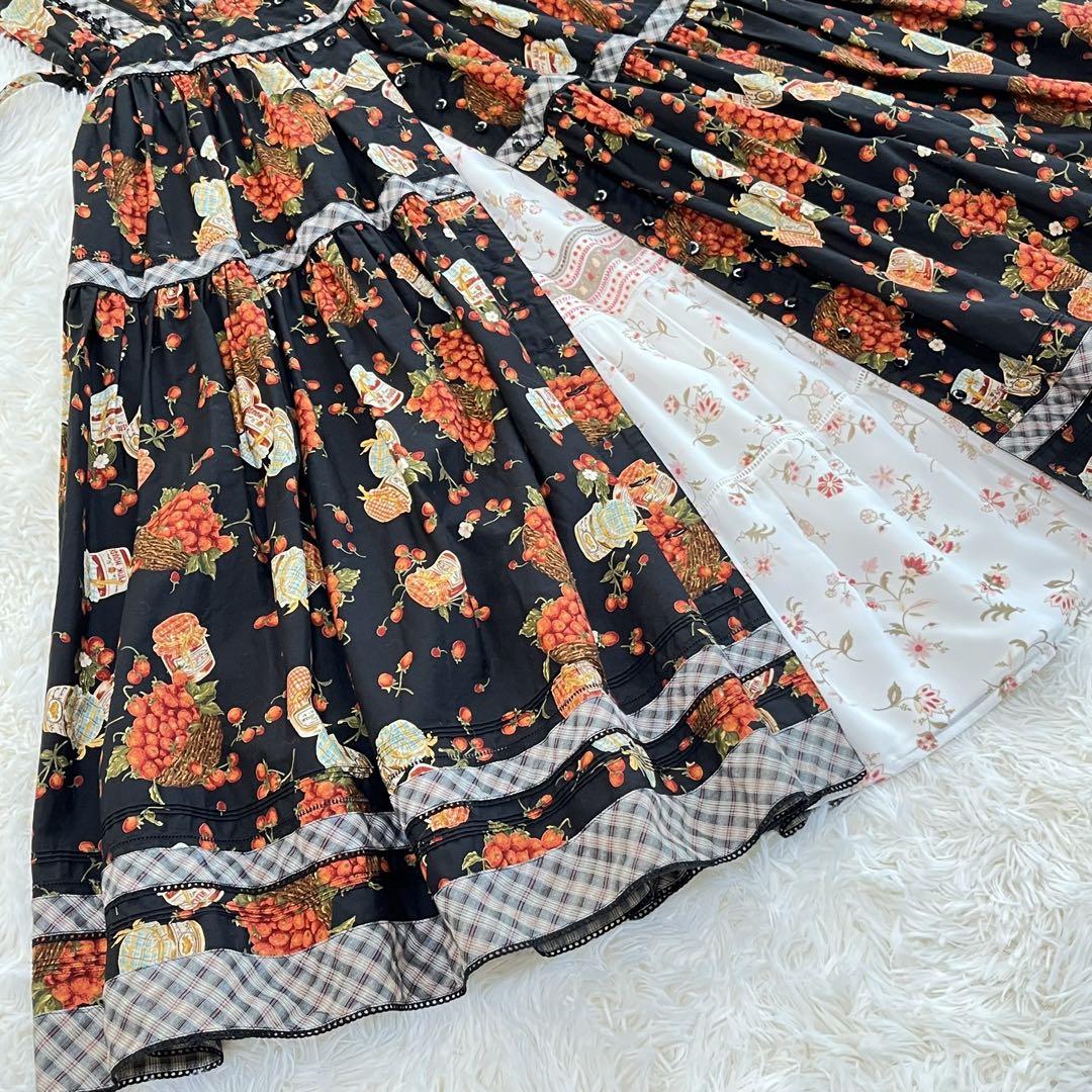 ☆美品　ピンクハウス　半袖ワンピース いちご柄　ブラック　マキシ丈