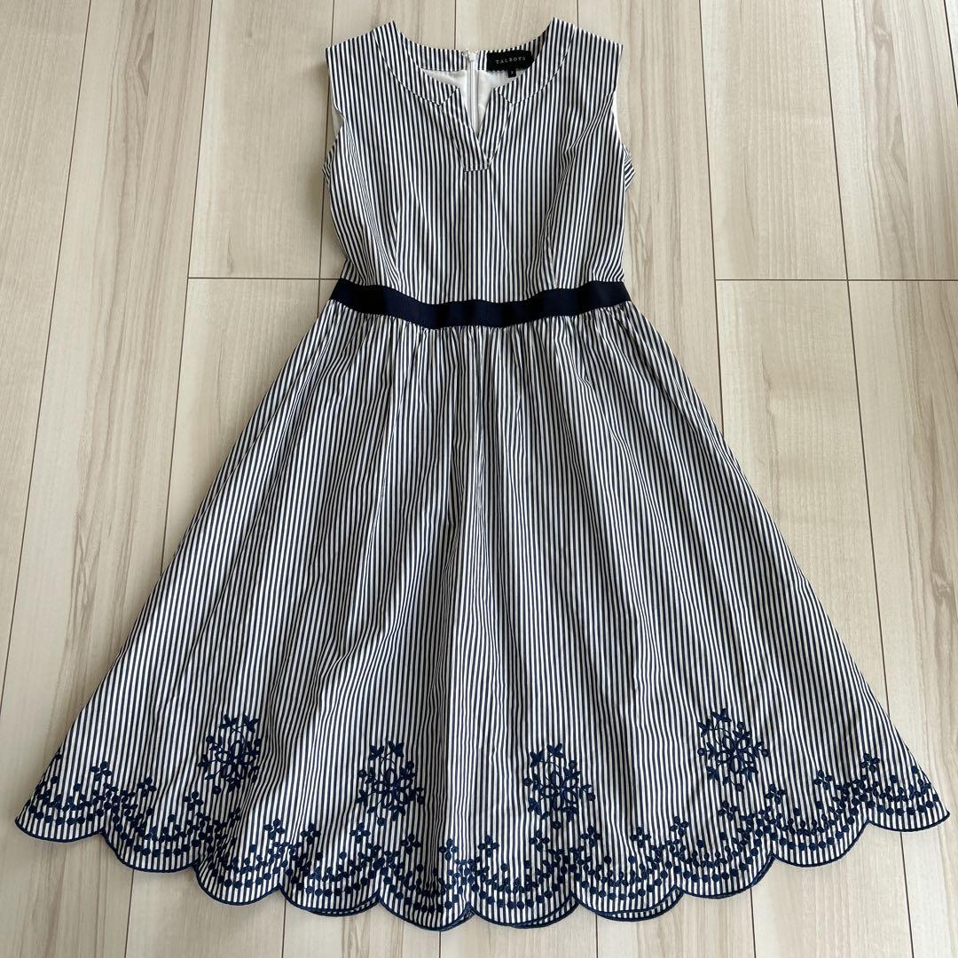 ネット限定お買い得商品 - ショップチャンネル 美品 TALBOTS ロングワンピース ストライプ 刺繍 ノースリーブ A ワンピース