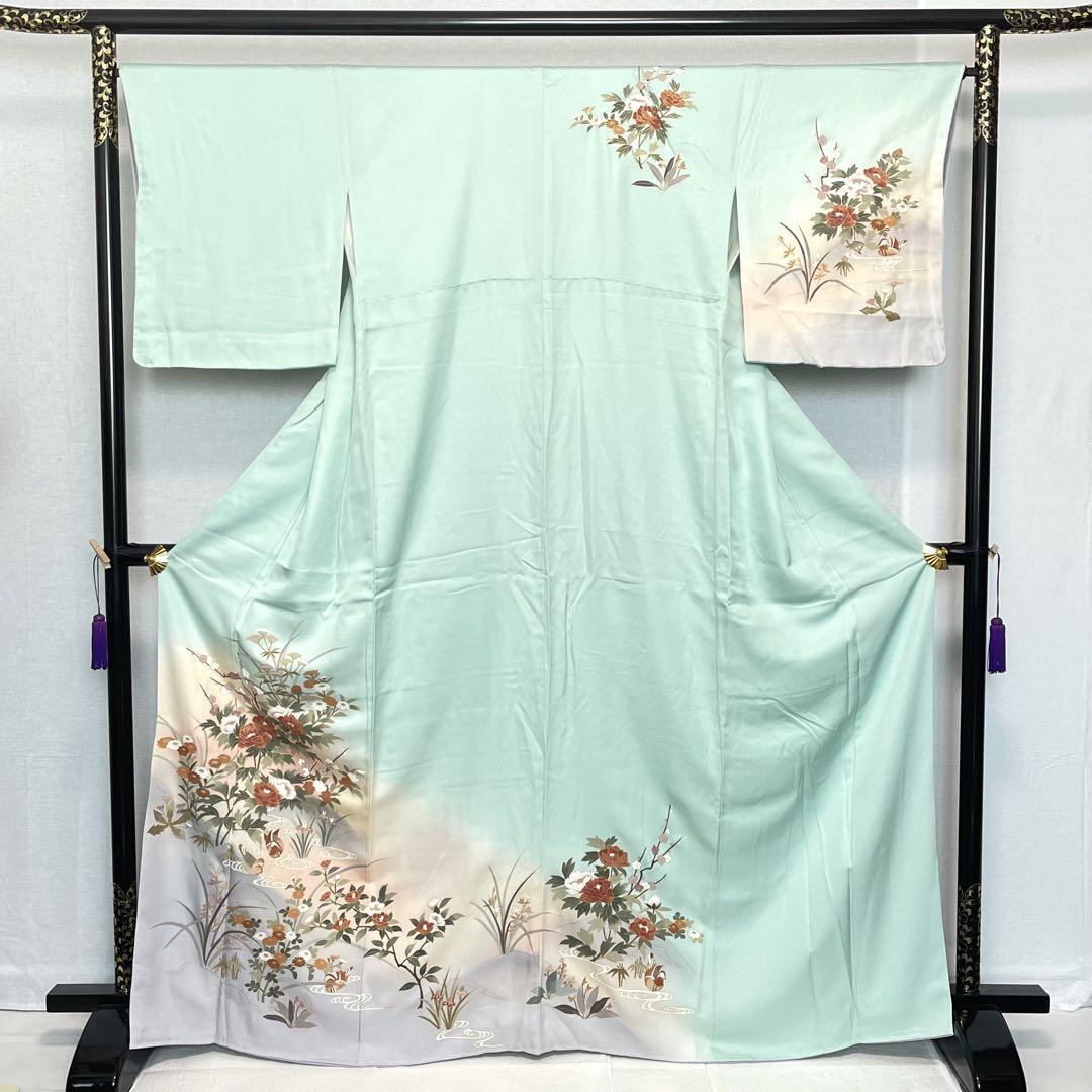 D722 訪問着　花模様　鴛鴦　正絹　着物　袷