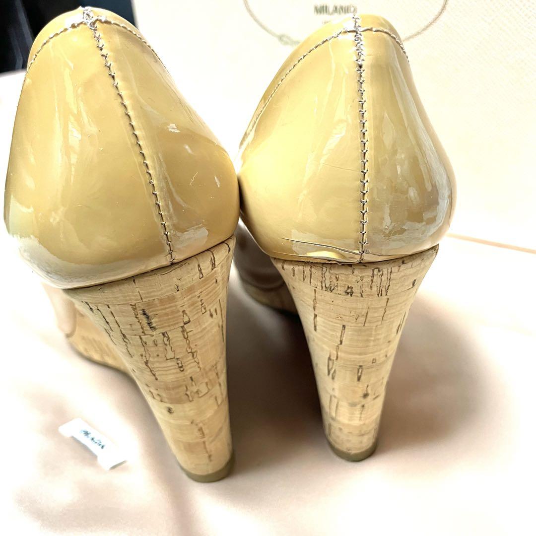 極美品】プラダ ロゴリボンパンプス オープントゥ ウェッジ