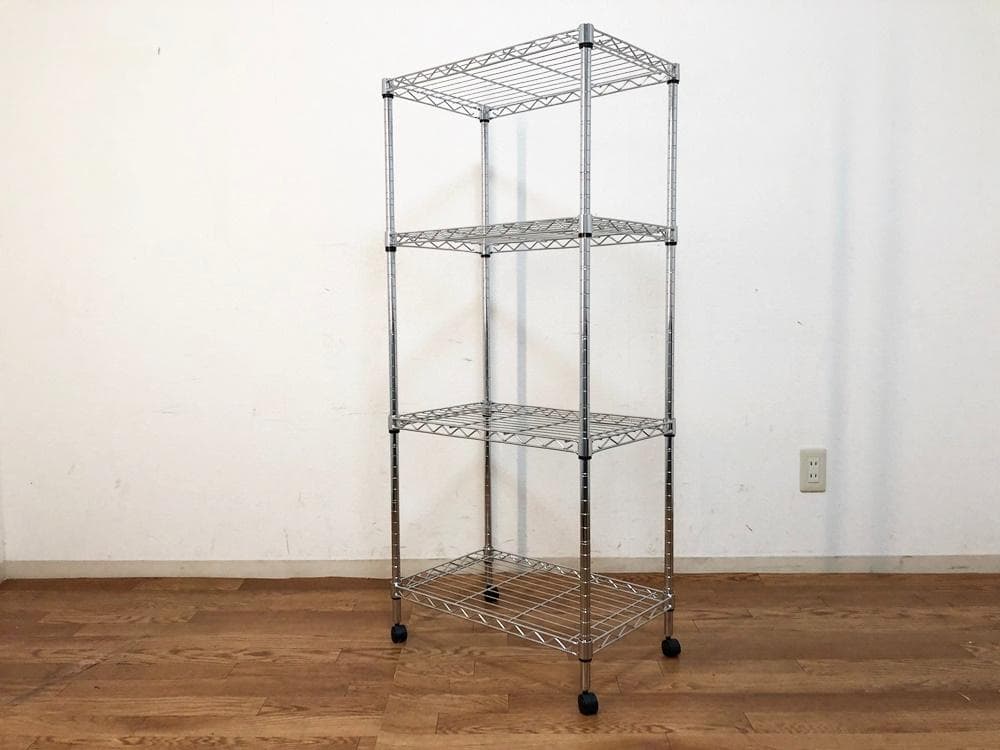 4段スチールラック　新品キャスター付メタルシェルフ　収納ワイヤーラック可動式棚