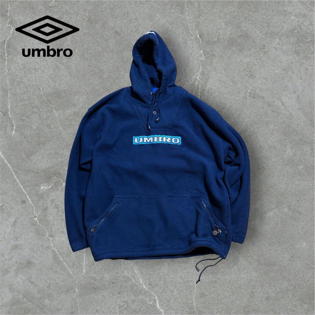 【K90】90s UMBROアンブロボアフリースフーディネイビードローコード付