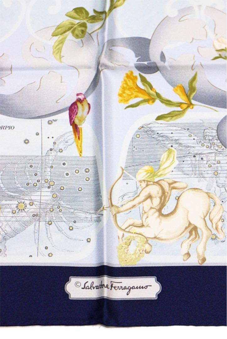 のプリント Salvatore スカーフ シルク ブルー S70Nj-m75130415406 Ferragamo サルヴァトーレ ▨コメントを