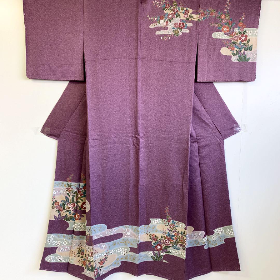 【着】11160s 着物 訪問着 しつけ付き 雲取りに花植物文様 最も優遇の