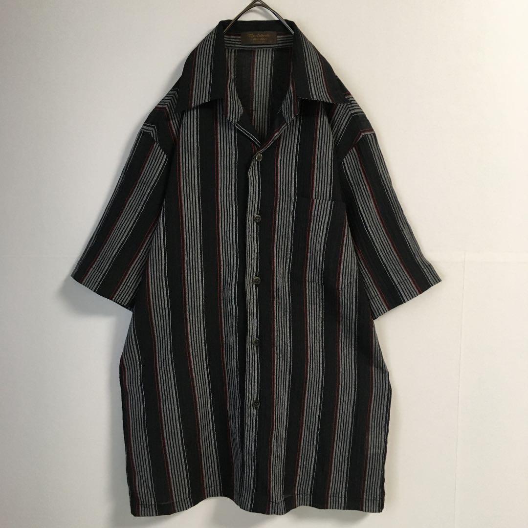 90s 古着 オープンカラー リネン混 ストライプシャツ 透け感 メンズ 黒白赤