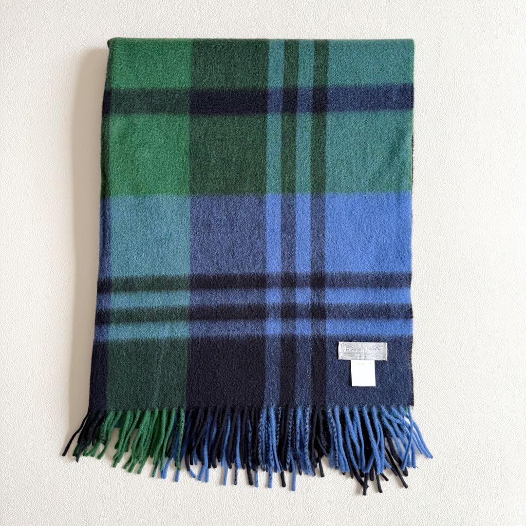 美品 ジョシュアエリス 大判 ストール マフラー カシミヤ ブルー チェック