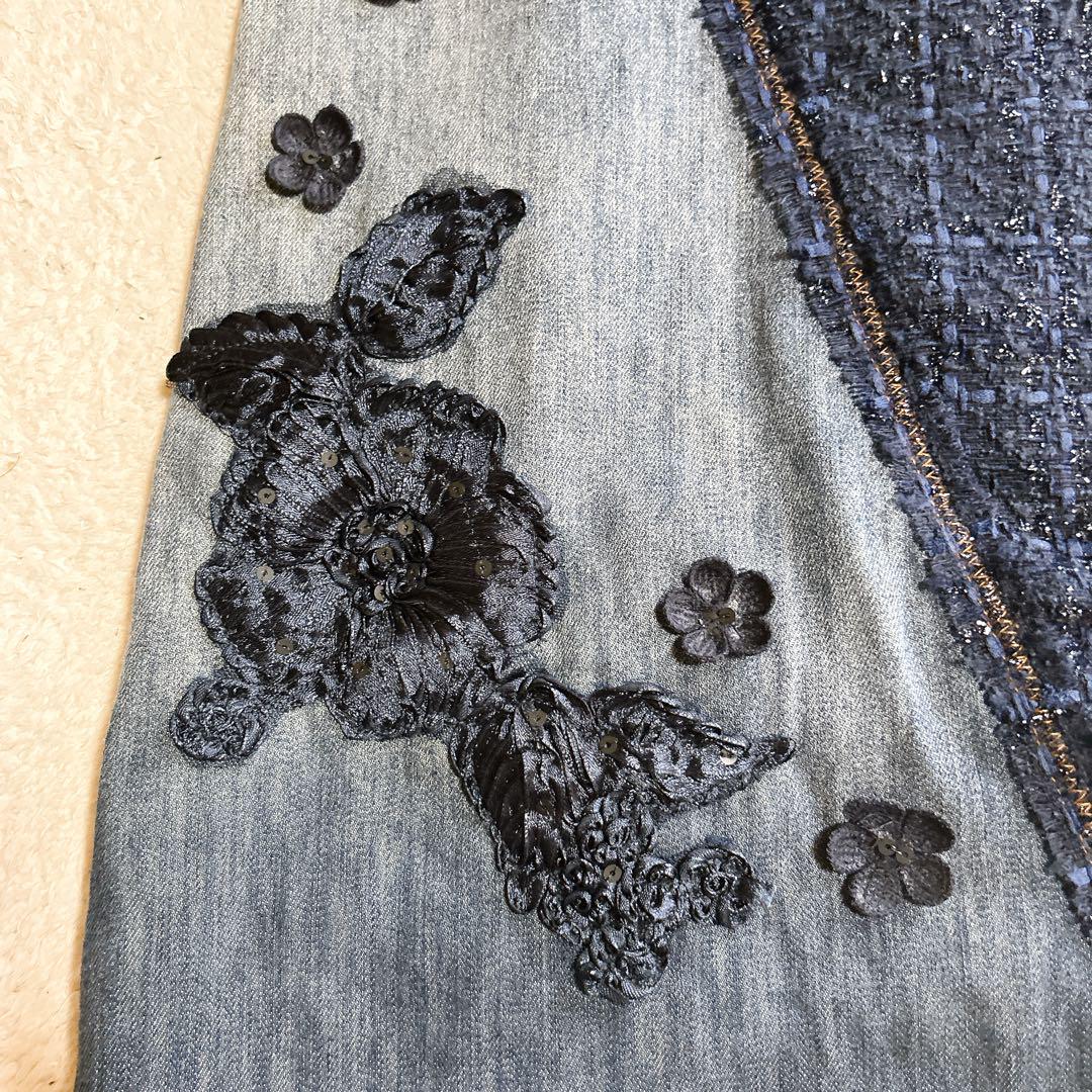 Desigual デニム 花モチーフ ツイード ひざ丈ワンピース 38