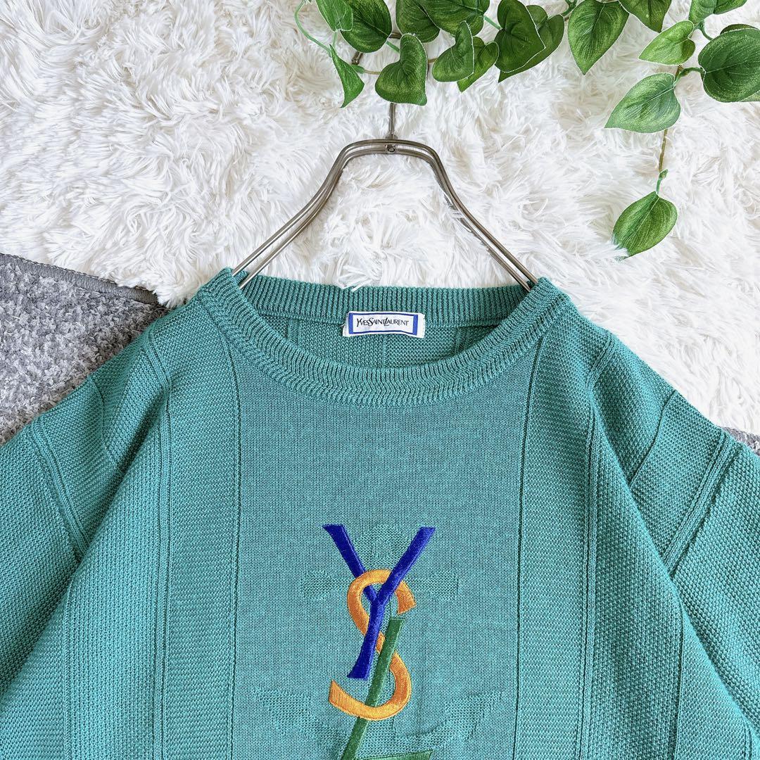 希少 ヴィンテージ イヴサンローラン 刺繍ロゴ 半袖 サマーニット 麻 青 画像3