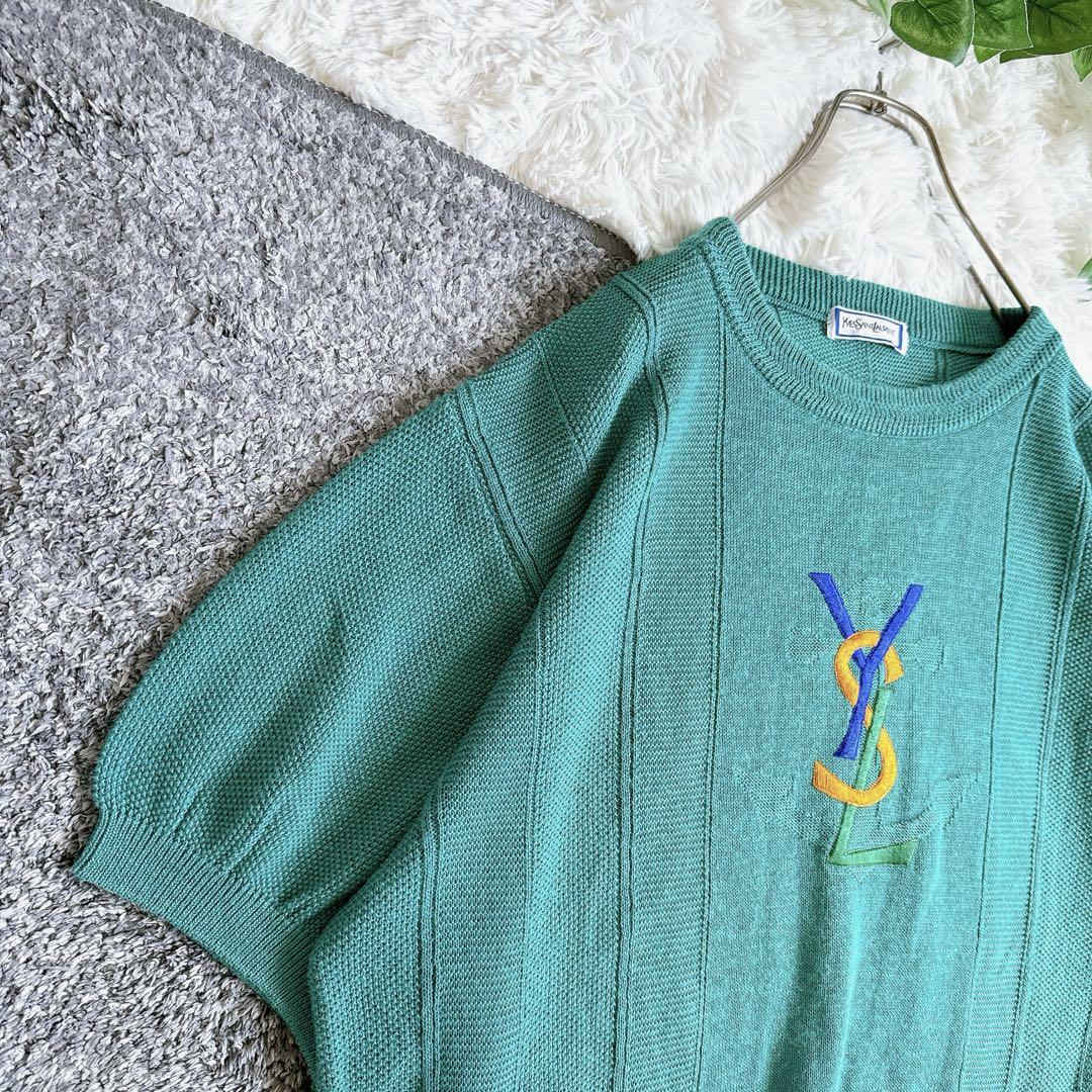 希少 ヴィンテージ イヴサンローラン 刺繍ロゴ 半袖 サマーニット 麻 青 画像4