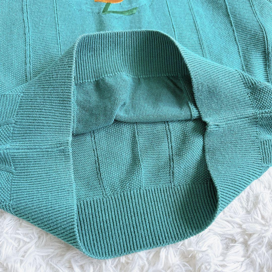 希少 ヴィンテージ イヴサンローラン 刺繍ロゴ 半袖 サマーニット 麻 青 画像9
